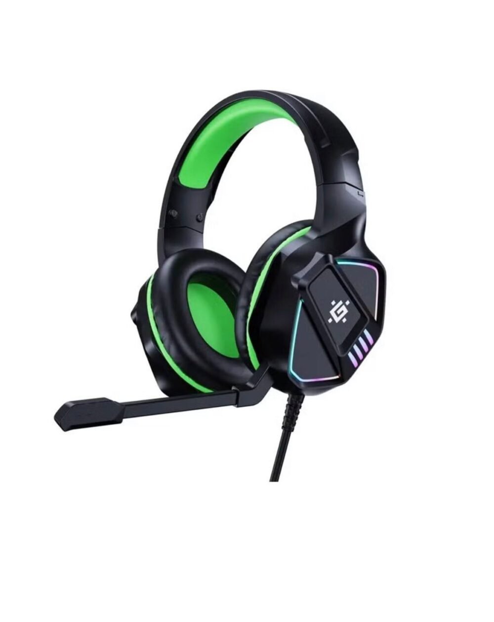Gaming Headset for PC and Laptop With USB AND 3.5mm Jack 1.8m cable length , Black - Green , RGB LED light , volume control and noise-cancelling microphone for crystal-clear communication.