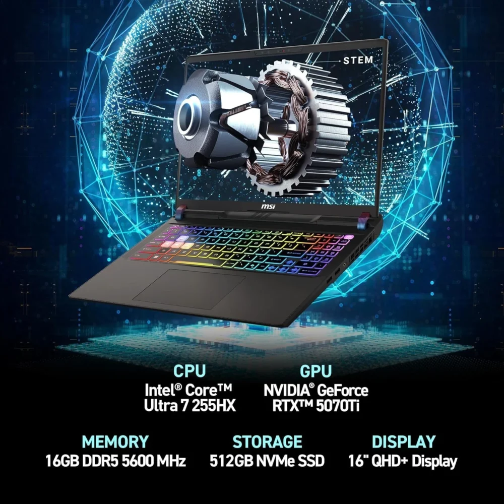 ⁦MSI Vector 16 HX AI A2XWHG-489EG Laptop (Intel Core Ultra 7 255HX - 16GB Ram - M.2 NVMe 1TB - Nvidia RTX 5070 Ti 12GB - 16 Inch QHD+ IPS 240Hz - Win11) - Cosmos Gray⁩ - الصورة ⁦2⁩